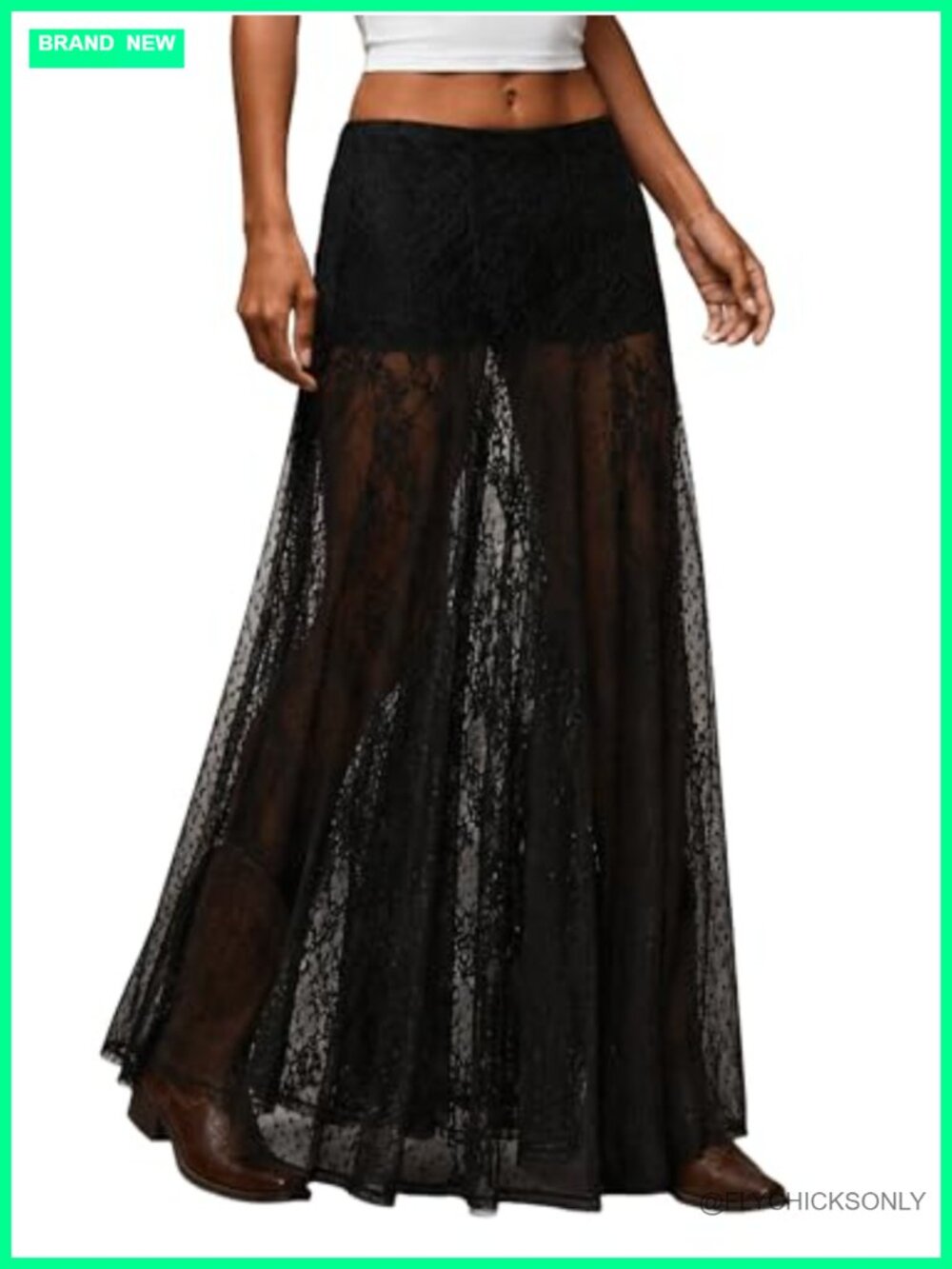 Women's Sheer Lace Mesh Maxi Skirt Low Waist Ruffle A-Line Flowy Festival Skirt